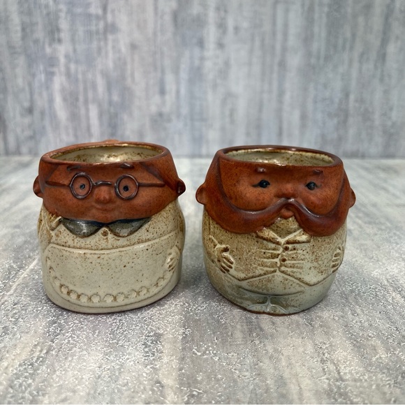 2 Face Mugs Man & Woman Art Pottery UCTICI Gempo Japan Moustache Vtg 3D - Picture 1 of 9